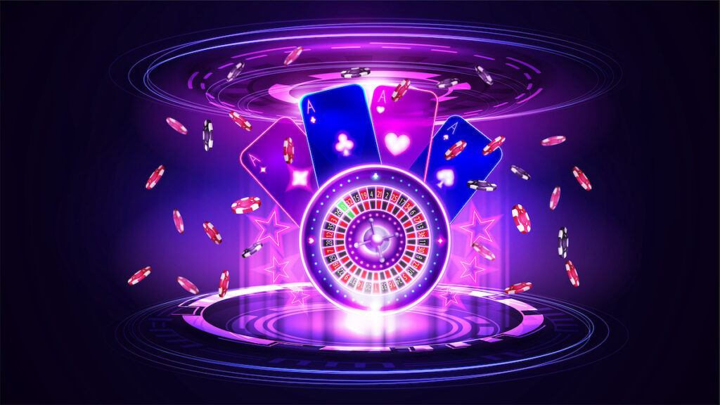 Casino Roulette wheel with playing cards, poker chips and hologram of digital rings