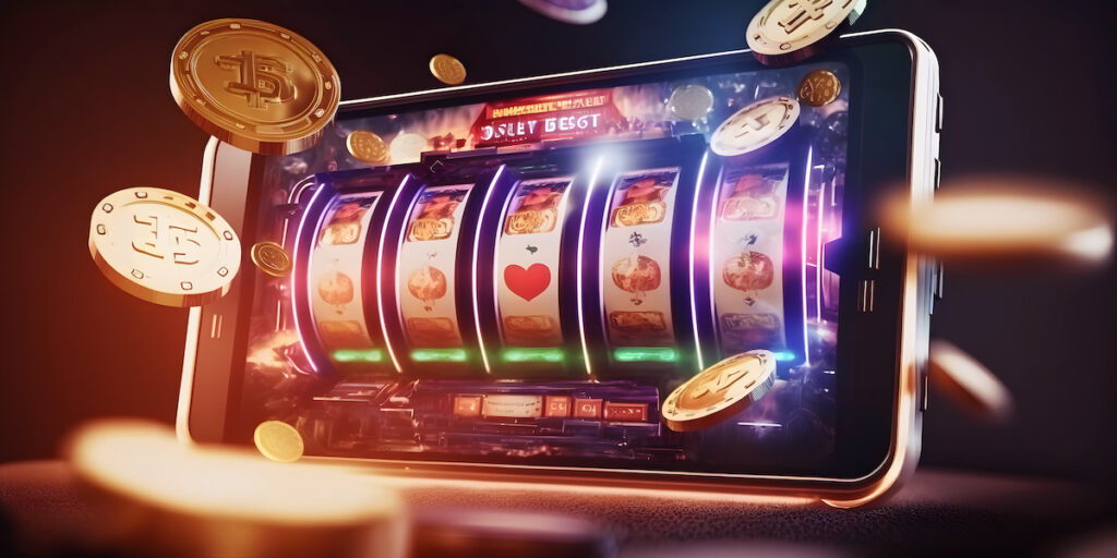 Casino banner slot machine with jackpot and golden coin. Generation AI.