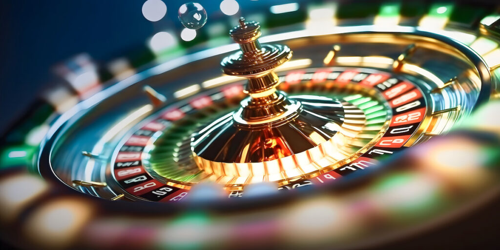 Banner Casino Las Vegas game roulette wheel spinning. Generation AI.